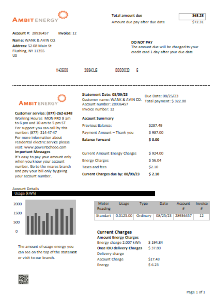 Download Ambit Energy utility business bill,  SCR Photoshop template